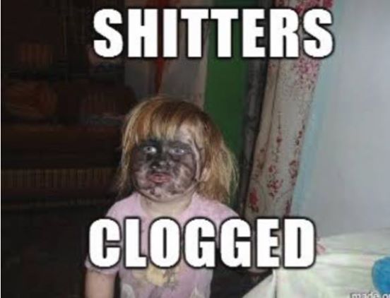 A child painted in poo with the caption 'The toilet is clogged'